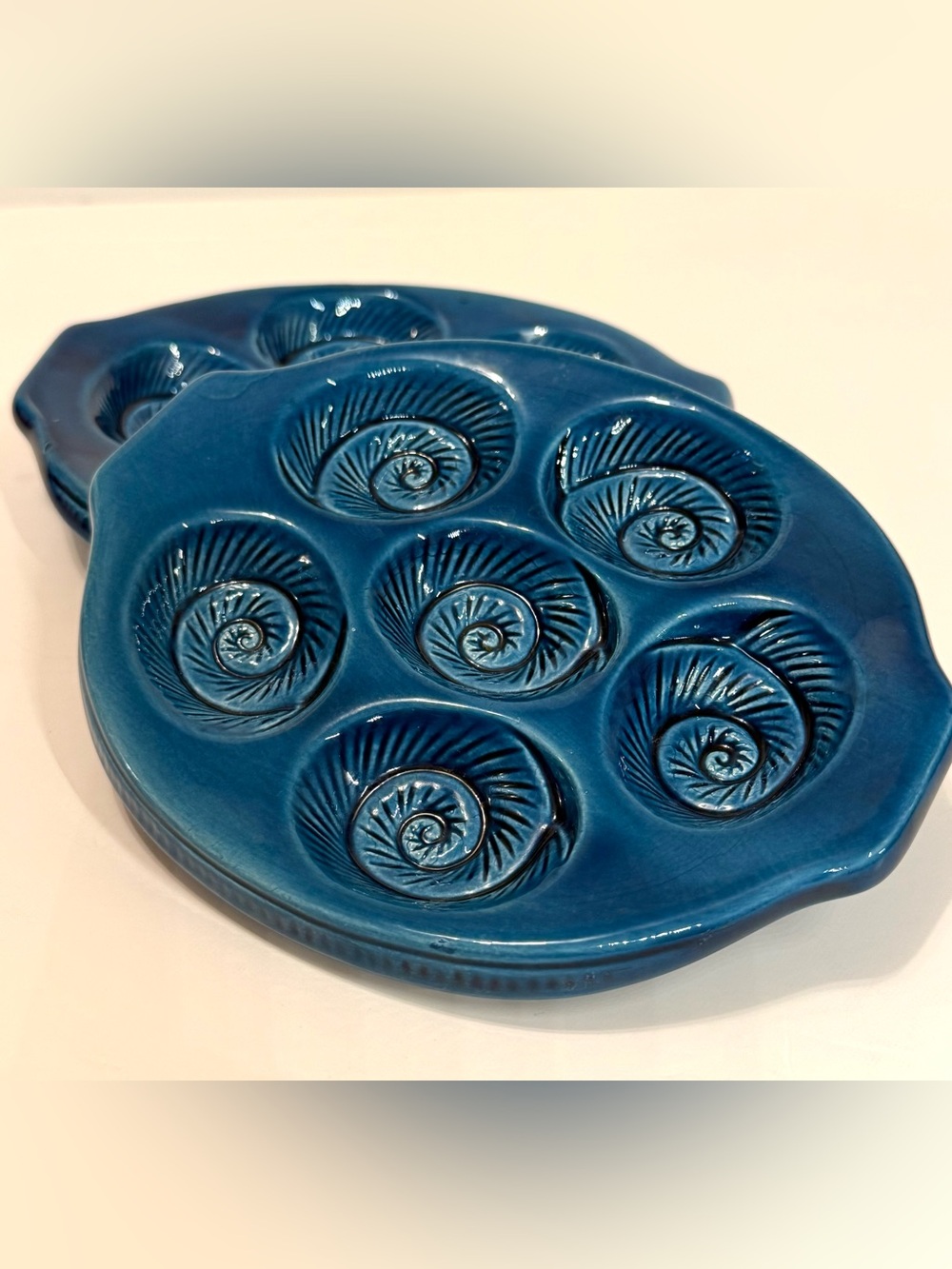 Vintage Ceramic Escargot Plates – Made in Japan – Blue Shell Design – Set of 2